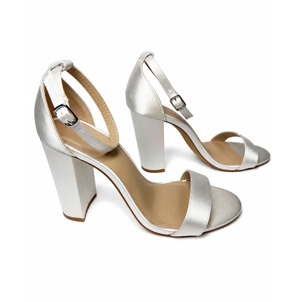 The Drop Women's White Satin Block Heel Ankle Strap Sandals Size 8.5